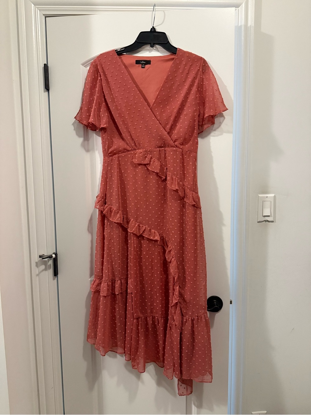 Lulu's Coral Polka Dot Ruffle Wrap Midi Dress